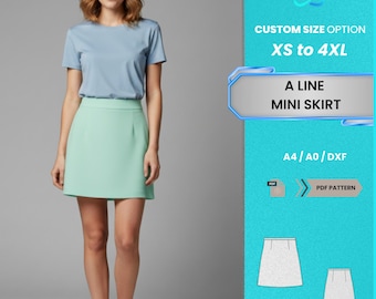 Patrón de costura en PDF de minifalda de corte A para mujer / Falda corta elegante de cintura alta para verano (tallas XS-4XL) / Patrón en PDF fácil y práctico para principiantes