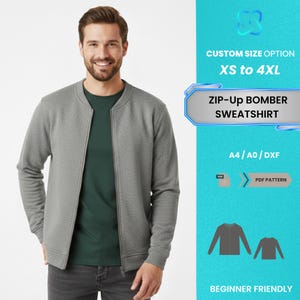 May include: A gray zip-up bomber sweatshirt. The image shows a person wearing the sweatshirt. The text on the right says "CUSTOM SIZE OPTION XS to 4XL" and "ZIP-UP BOMBER SWEATSHIRT". It also says "A4/A0/DXF" and "PDF PATTERN". The design is beginner friendly.