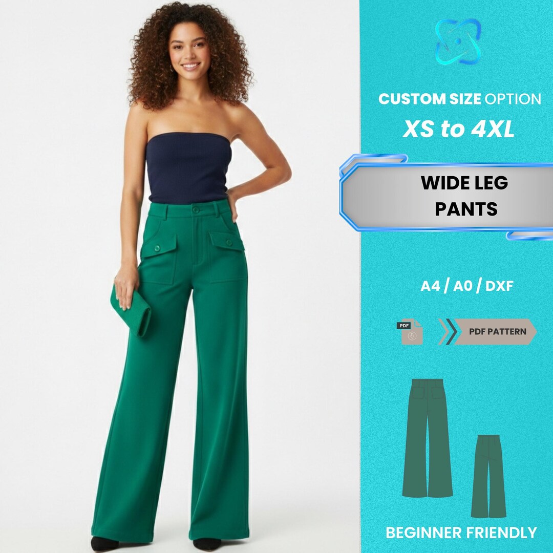 Women's Wide Leg Pants Pdf Sewing Pattern | Emerald Green High Waisted ...