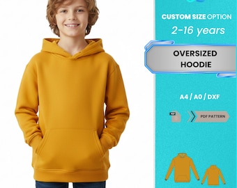 Patrón de costura en PDF para sudadera extragrande con capucha para niños / Sudadera con capucha amarilla mostaza con bolsillo (2-16 años) / Patrón PDF fácil y práctico para principiantes