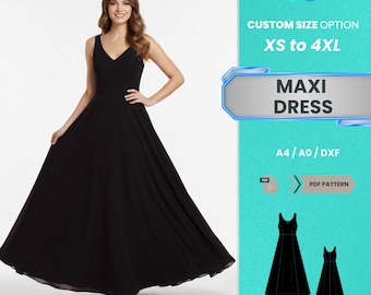 Patrón de costura en PDF para vestido largo de mujer / Elegante vestido de noche negro sin mangas con escote en V y largo hasta el suelo, tallas XS-4XL / Patrón en PDF fácil de usar para principiantes