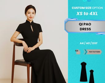 Patrón de costura en PDF para vestido Qi Pao para mujer / Vestido cheongsam moderno de longitud completa con cuello mandarín, tallas XS-4XL / Patrón PDF fácil y práctico para principiantes