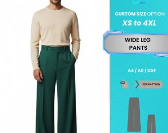 Patrón de costura en PDF para pantalones anchos de hombre / Pantalón holgado de talle alto verde esmeralda XS-4XL / Pantalón de vestir fácil para principiantes (PDF)