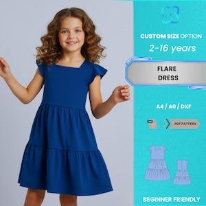 May include: A young girl wearing a blue flare dress with a square neckline and flutter sleeves. The dress has a tiered skirt. Text on the image reads "FLARE DRESS" and "2-16 years". The image also includes a "PDF PATTERN" label.