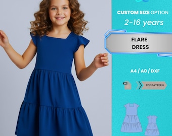 Patrón de costura en PDF para vestido acampanado para niñas / Elegante falda escalonada con mangas abullonadas para fiesta infantil de 2 a 16 años / Patrón en PDF fácil y apto para principiantes