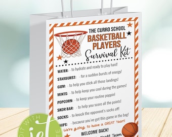 May include: A white paper gift bag with a red and orange basketball themed design. The bag has a handle and a printed message that says "The Curro School Basketball Players Survival Kit". The message lists items such as water, Starburst, gum, mints, popcorn, Skor bar, socks, and hips. The bag also has a basketball graphic and the text "Welcome Back! From Your Basketball Team".