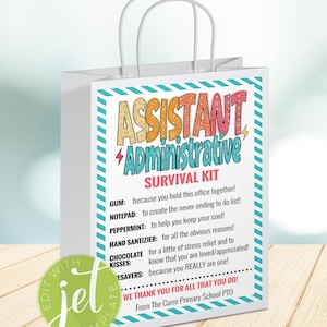 Kit di sopravvivenza modificabile per assistenti amministrativi, etichetta per borsa regalo, buono regalo, giornata dei professionisti amministrativi, regali per le segretarie delle risorse umane amministrative