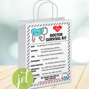 EDITABLE Doctor Survival Kit Gift Tags, National Doctors Day, Medical Staff Appreciation Week, Thank you Gift Card, instant download