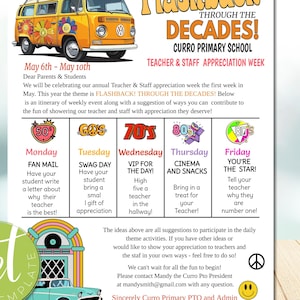 May include: A colorful printable flyer for Curro Primary School's Teacher & Staff Appreciation Week. The flyer features a yellow and orange Volkswagen bus and a retro-style jukebox. The theme is "Flashback Through the Decades!" with a schedule of daily activities for each decade from the 50s to the 90s.