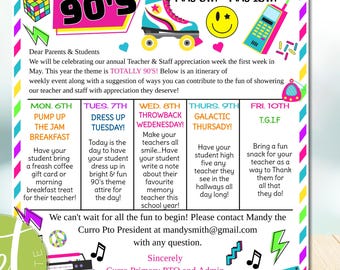 EDITABLE Teacher Appreciation Week Itinerary, Retro Throwback 80s 90s Theme, Student Family Take Home Flyer INSTANT DOWNLOAD