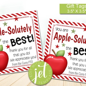 Editable Teacher Appreciation, Apple gift tags, Apple-solutely the best, thank you for all you do, staff appreciation, instant download