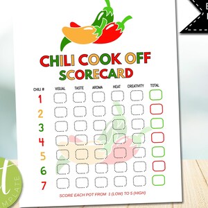 Carte de pointage MODIFIABLE Chili Cook Off imprimable pour la compétition de chili, carte de pointage, téléchargement immédiat
