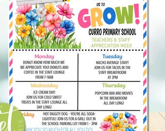 EDITABLE Floral Grow Bloom Theme Teacher and Staff Appreciation Itinerary Flyer Schedule Events, Spring Garden Theme Invite,instant download