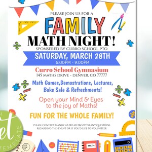 Family Math Night Flyer, School PTA PTO Flyer, Community Church Fundraiser, Math Science Tech Educational Event Poster, instant download
