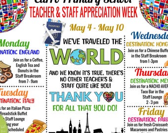 EDITABLE Around the World international Themed Teacher Appreciation Week Itinerary flyer, Instant download