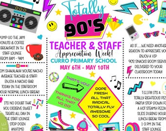 EDITABLE 80s 90s Theme Teacher Appreciation Week Itinerary, Retro Throwback Old School Staff Schedule Events Printable, Instant download