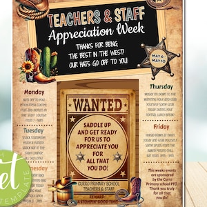 Editable Western Themed Teacher Appreciation Week Itinerary Poster, Wild West Appreciation Week Schedule Events, Instant download