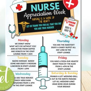 EDITABLE Nurse Appreciation Week Itinerary Template, Heart Medical National Nurses Week Weekly Schedule Events, instant download