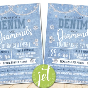 Invito alla raccolta fondi di beneficenza Denim and Diamonds MODIFICABILE, download immediato