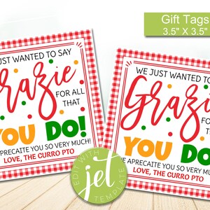 Editable Grazie Gift Tags, Grateful For You,Italian Appreciation Lunch Staff Dinner, Teacher Volunteer Nurse Thank You Gift,Instant download