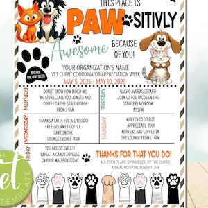 Puede incluir: Un folleto colorido con animales de dibujos animados y huellas de patas, que anuncia una Semana de Apreciación del Coordinador de Clientes Veterinarios. El folleto detalla eventos diarios como donas, tacos y café.