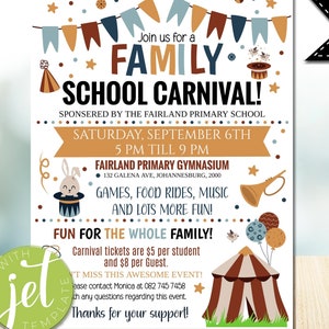 Editable Family Carnival Flyer, Printable PTA PTO Flyer, School Church Benefit Fundraiser Event Poster, Circus Party Printable Invitation