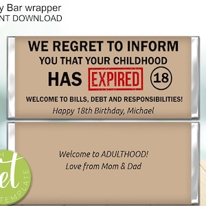 Editable 18th Birthday Funny candy Wrapper, Birthday for him, Birthday for her, expired childhood, welcome adulthood, Instant Download