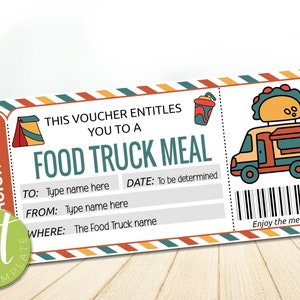Druckbare Foodtruck Geschenkgutschein Gutschein Vorlage, Arbeit Personal Lehrer Abendessen, Essen, Essen, Essen Lieferticket