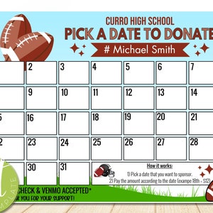 Edytowalny kalendarz piłkarski Wybierz datę, aby przekazać darowiznę Szablon zbiórki funduszy, zbiórka funduszy na piłkę nożną, natychmiastowe pobieranie