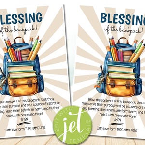 Editable Backpack Blessing Tag Back to School, Printable Gift card, Christian Backpack Prayer Card, Student Gift, First Day of School Prayer