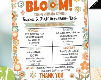 May include: A colorful printable schedule for Teacher and Staff Appreciation Week at Curro Primary School. The schedule features a retro flower design with a bright orange, yellow, and blue color scheme. The text reads "Bloom!" and includes a daily schedule of events for the week, including a taco bar, coffee and donuts, and a pizza bar.