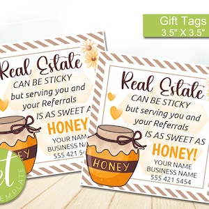 Editable Honey and Bee Themed Realtor Pop-By Tags, Referral, Real Estate Marketing, Real Estate can be Sticky, Instant download