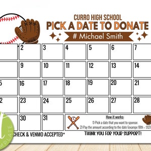 Editable Baseball Calendar Pick a Date to Donate Fundraiser Tracker Template, baseball fundraiser, instant download