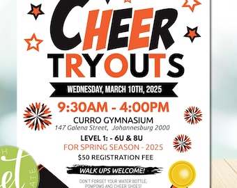 Editable Cheer Tryout Flyer Template, Cheerleading Team Tryouts Printable, Orange and Black, instant download