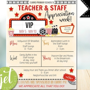 EDITABLE Hollywood Teacher Appreciation Week Itinerary Flyer Movie Theme You&#39;re a Star, Appreciation Week Schedule Events, instant download