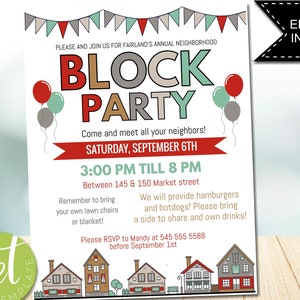EDITABLE Block Party Flyer Template, block party invite, neighbor block party, Neighborhood BBQ Party Invite, instant download