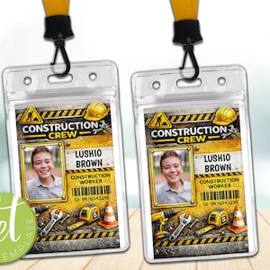 May include: Two Construction Crew ID badges with yellow lanyards. Each badge features a photo, the name "Lushio Brown", and the title "Construction Worker". The badges have a construction-themed design with tools and a hard hat.