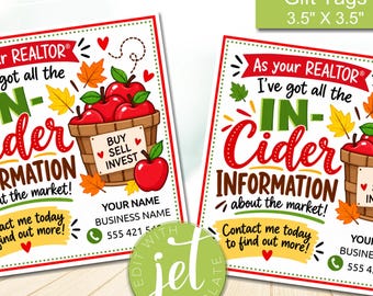 Fall Apple Cider Realtor Gift Tags, Editable Template (Digital Download)