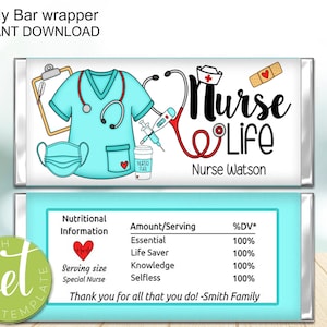 Bearbeitbares Krankenschwester-Leben Danke Candy Wrapper, Krankenschwestern, Krankenhaus Krankenschwester, Geschenk, Candy Bar Wrapper, Medizinisch, Wesentliches Personal, Sofort Download