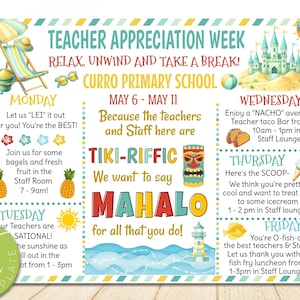 EDITABLE Beach Themed Teacher Appreciation Week Itinerary flyer, Hawaiian Theme Appreciation Week Schedule Events, Instant download