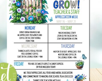EDITABLE Floral Grow Bloom Theme Teacher and Staff Appreciation Itinerary Flyer Poster Schedule Events PTO PTA, Instant download