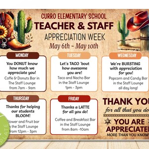 Editable Western Themed Teacher Appreciation Week Itinerary Poster, Wild West Appreciation Week Schedule Events, Instant download