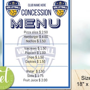 Editable Volleyball concession Menu Theme, Concession Menu Template, Concession Stand Sign, INSTAND DOWNLOAD