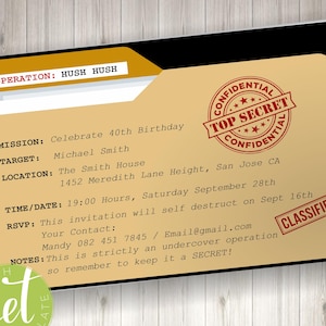 Bewerkbare grappige op-geheim agent missie verrassingsfeestje uitnodiging, verjaardagsuitnodiging, verjaardagsfeestje afdrukbaar, instant download