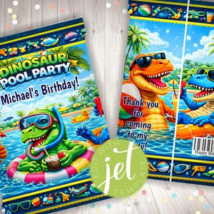 Peut inclure: Deux sacs de cadeaux colorés sur le thème de la fête à la piscine des dinosaures. Un sac présente un dinosaure vert avec des lunettes, le texte "Dinosaur Pool Party" et "Michael's Birthday!". L'autre sac a deux dinosaures avec des lunettes de soleil et le texte "Thank you for coming to my party!"
