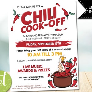 Puede incluir: Un folleto rojo y blanco con un gráfico de chile y el texto "Chili Cook-Off" anuncia un concurso de chili en el Fairland Primary Gymnasium el viernes 15 de septiembre de 10:00 a 15:00. El folleto incluye detalles sobre el evento, incluida la dirección, la hora y la información de contacto.