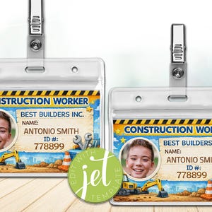 May include: Two clear plastic Construction Worker ID badges with metal clips. Each badge features a photo, the name "Antonio Smith", and ID number 778899. The design includes construction equipment and the text "Construction Worker".