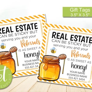 Editable Honey and Bee Themed Realtor Pop-By Tags, Referral, Real Estate Marketing, Real Estate can be Sticky, Instant download