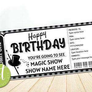 Afdrukbaar ticket voor de goochelshow, cadeaubon, afdrukbaar verjaardagscadeau, goochelaarervaring, instapkaart, direct downloaden
