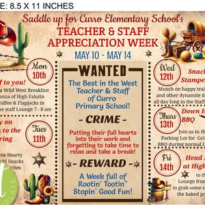 EDITABLE Western Themed Teacher Appreciation Week Itinerary flyer, Wild West Appreciation Week Schedule Events, Printable, Instant download